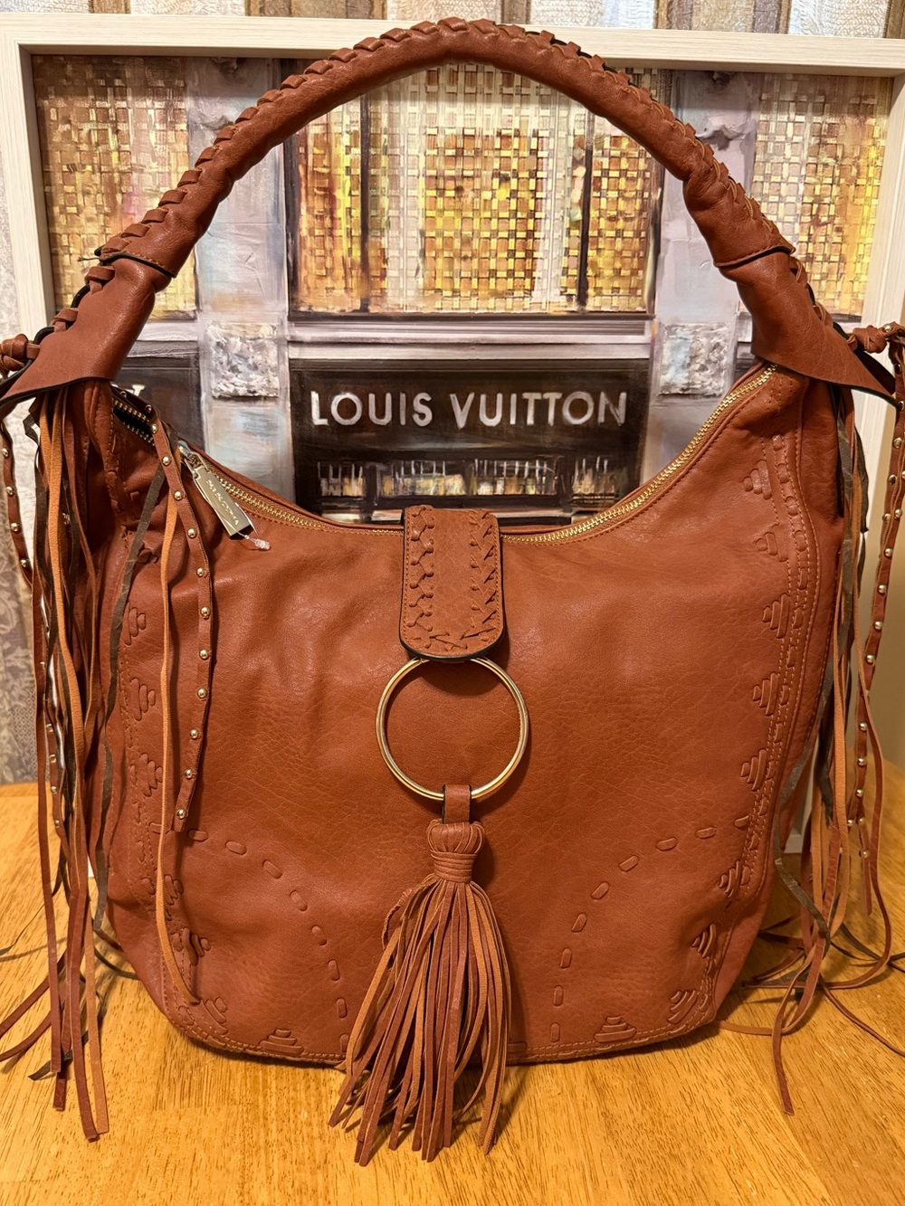 NWOT BIG BUDDHA large Cognac Brown Leather Tassel Shoulder Bag